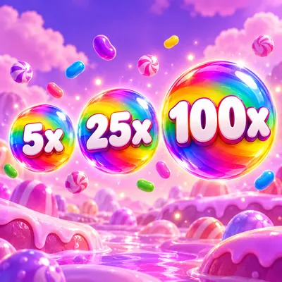 Üzerinde 5x, 25x ve 100x yazan üç renkli çarpan küresi