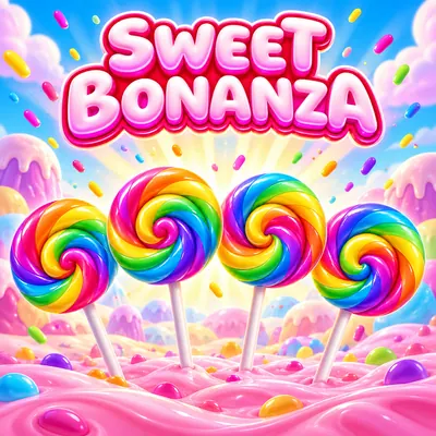 Sweet Bonanza logosu ve yan yana dizilmiş dört lolipop