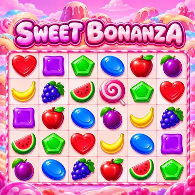 Sweet Bonanza logosu altında şeker ve meyve sembolleriyle dolu oyun alanı